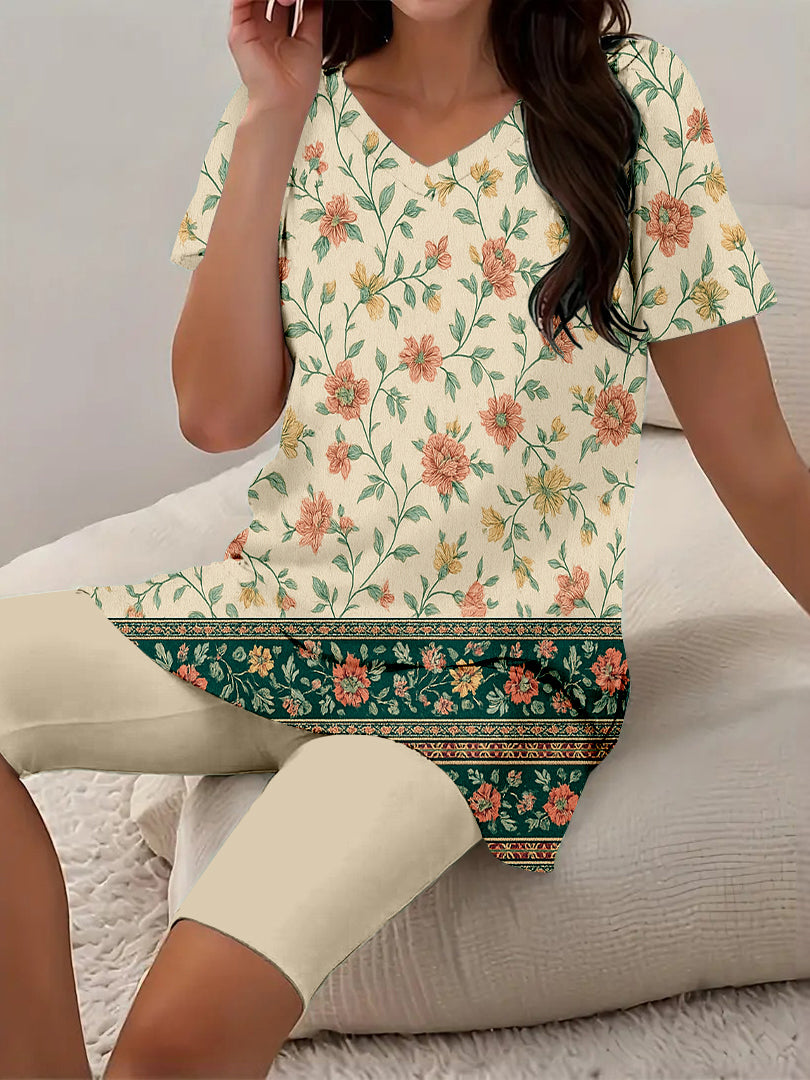 Women Long Sleeve V-neck Graphic Floral Printed Top