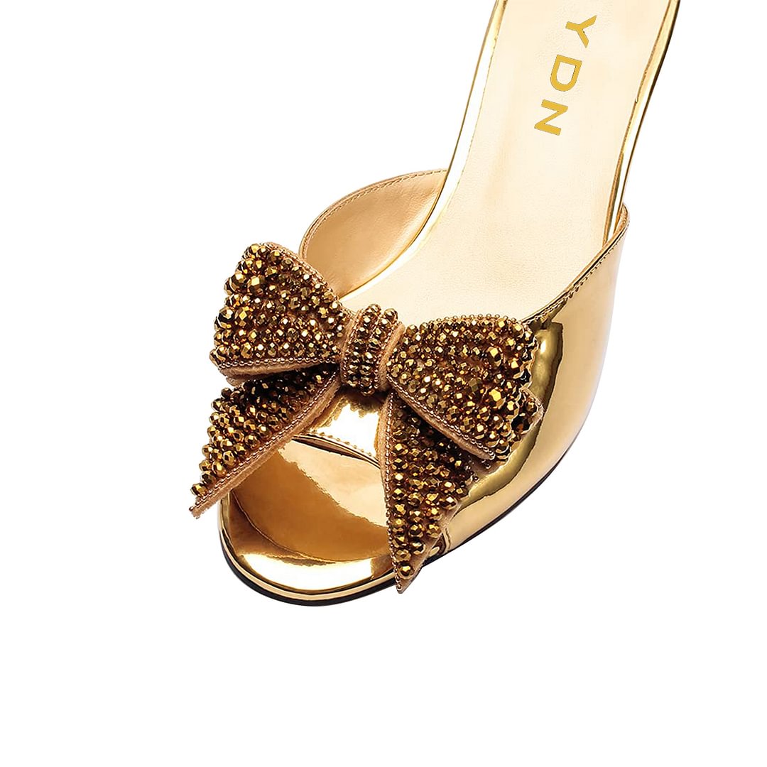 Gold Open Toe Rhinestone Bow Mules Sandals with Low Block Heel