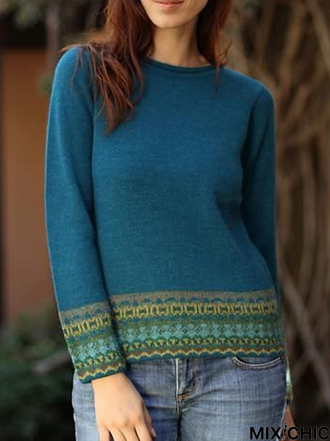 Blue Round Neck Long Sleeve Sweater