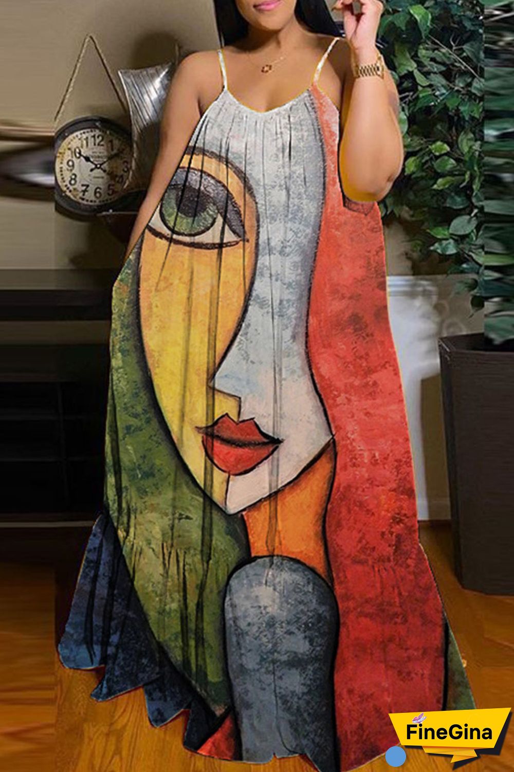 Black Brown Casual Street Print Patchwork Spaghetti Strap Sling Dress Dresses