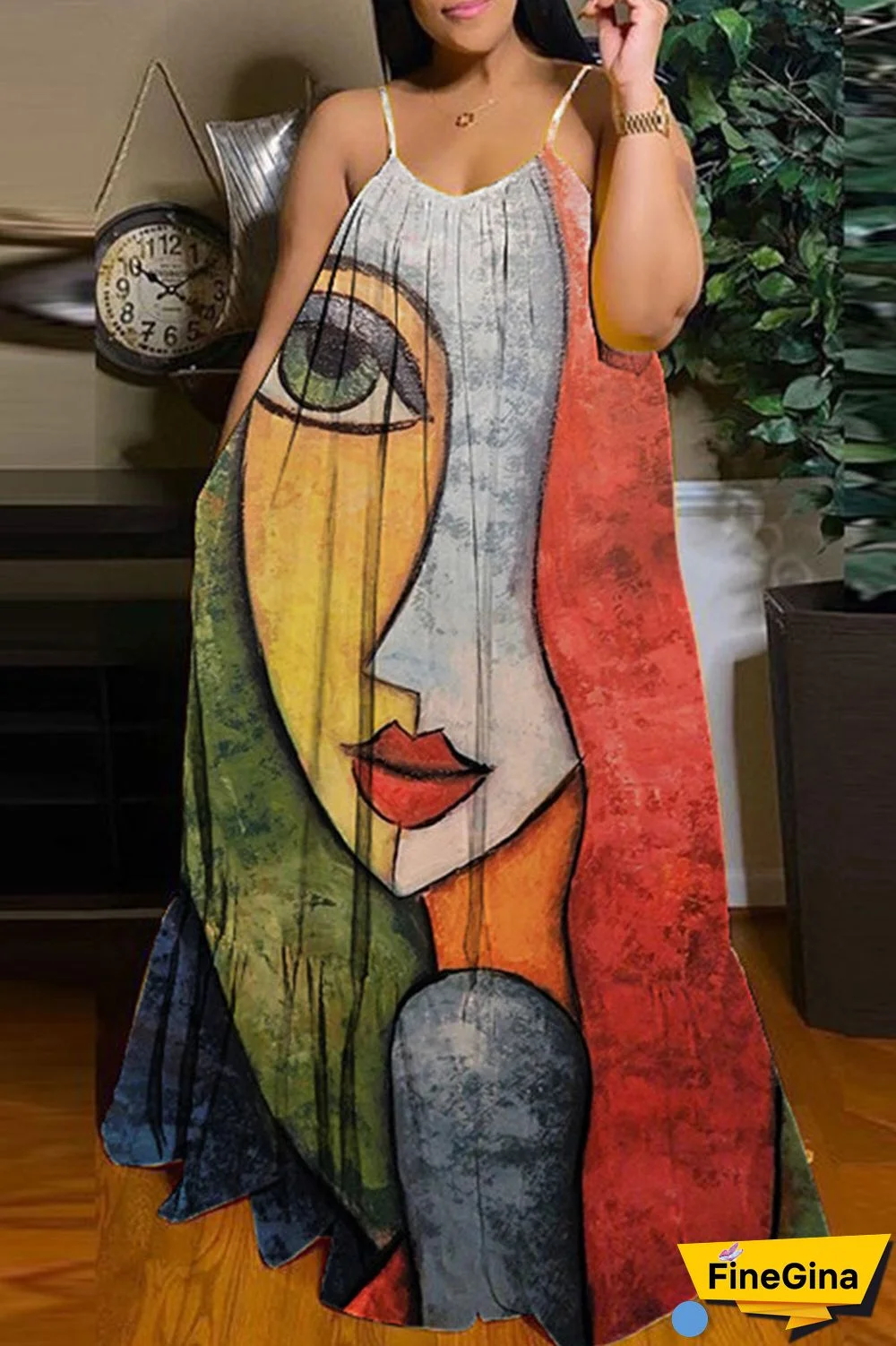 Black Brown Casual Street Print Patchwork Spaghetti Strap Sling Dress Dresses