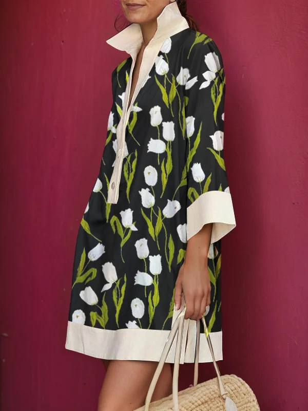 Flower Print Buttoned Three-quarter Sleeves Loose Stand Collar Mini Dresses