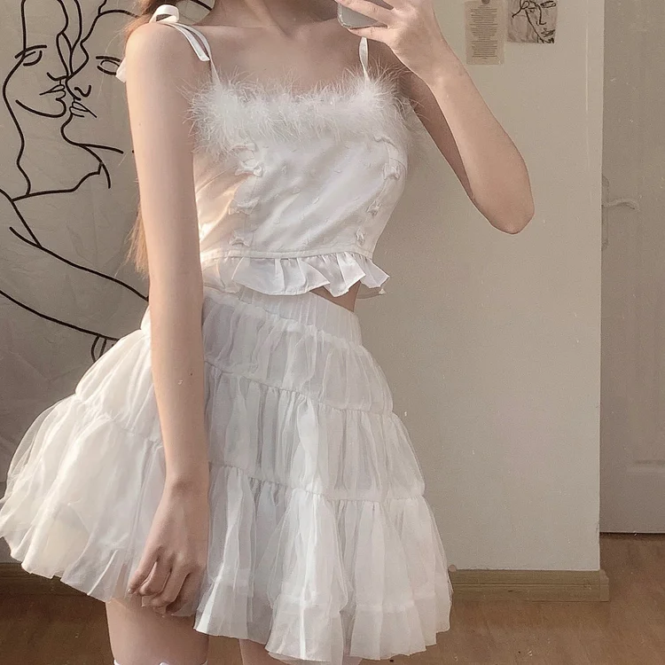 Perfect Cute Bownot Sling Top Short Skirt White Set SS1948