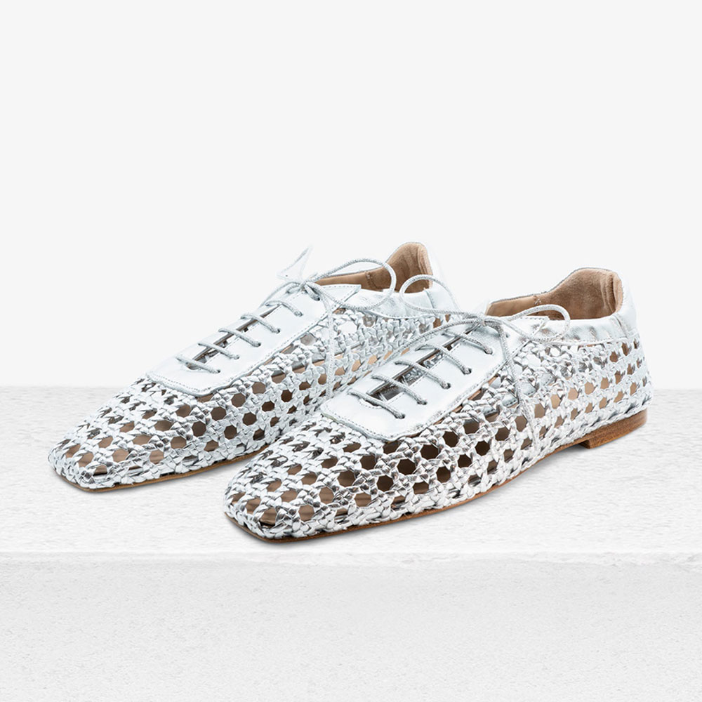 Silver Vegan leather Square Toe Lace-Up Woven Flat Lady's Shoes    Nicepairs