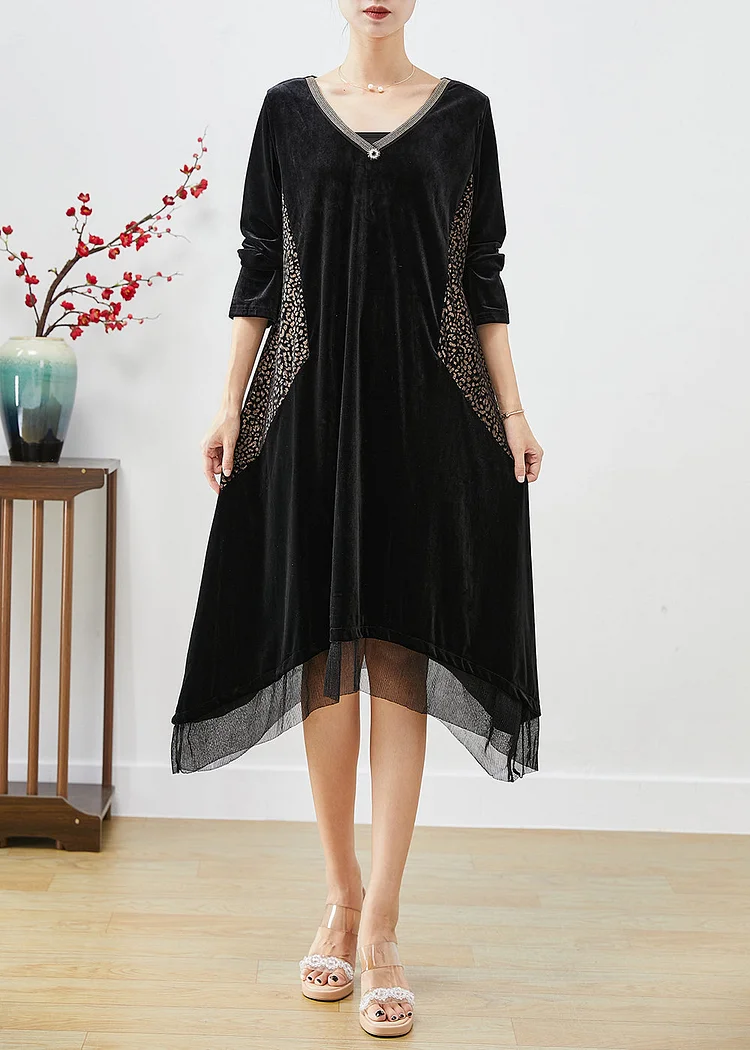 Vintage Black Oversized Patchwork Silk Velour Maxi Dresses Fall