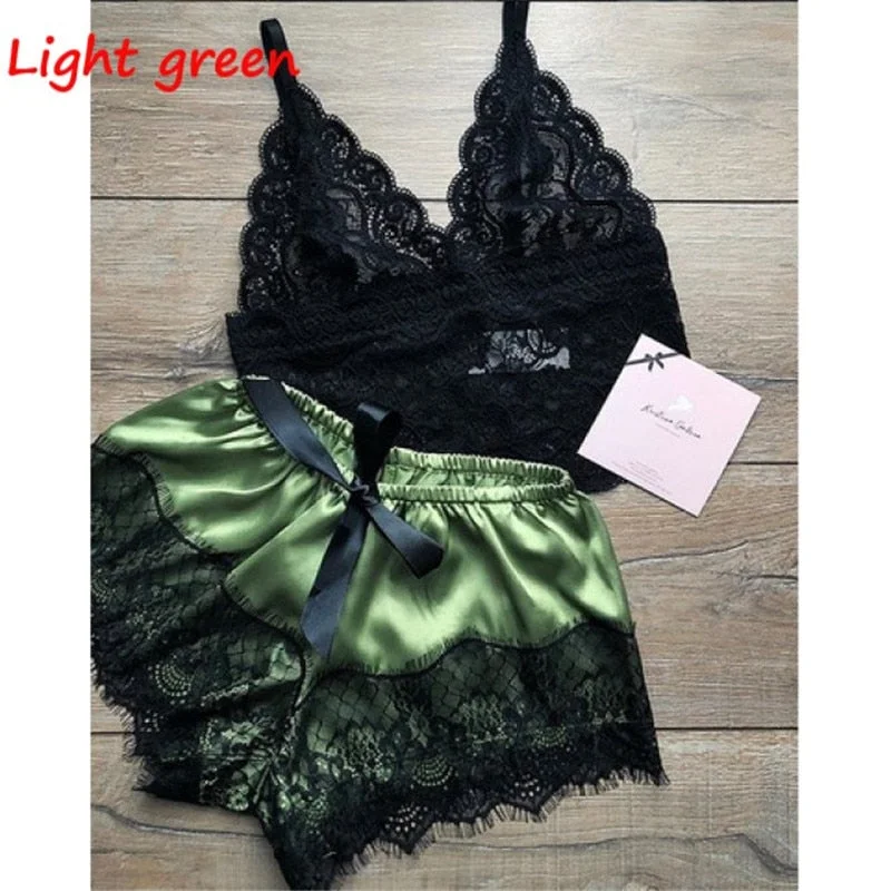 Women Lace V Neck Pajamas Set Fashion Sleeveless Nightwear Spaghetti Strap Vest+Short Pants Thin Sleeping Wear Lingerie