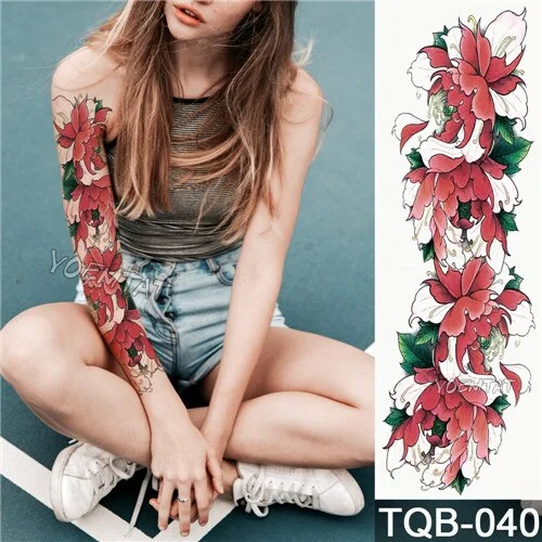 New 1 Piece Temporary Tattoo Sticker Red peony flower pattern Full Flower Tattoo with Arm Body Art Big Large Fake Tattoo Sticker