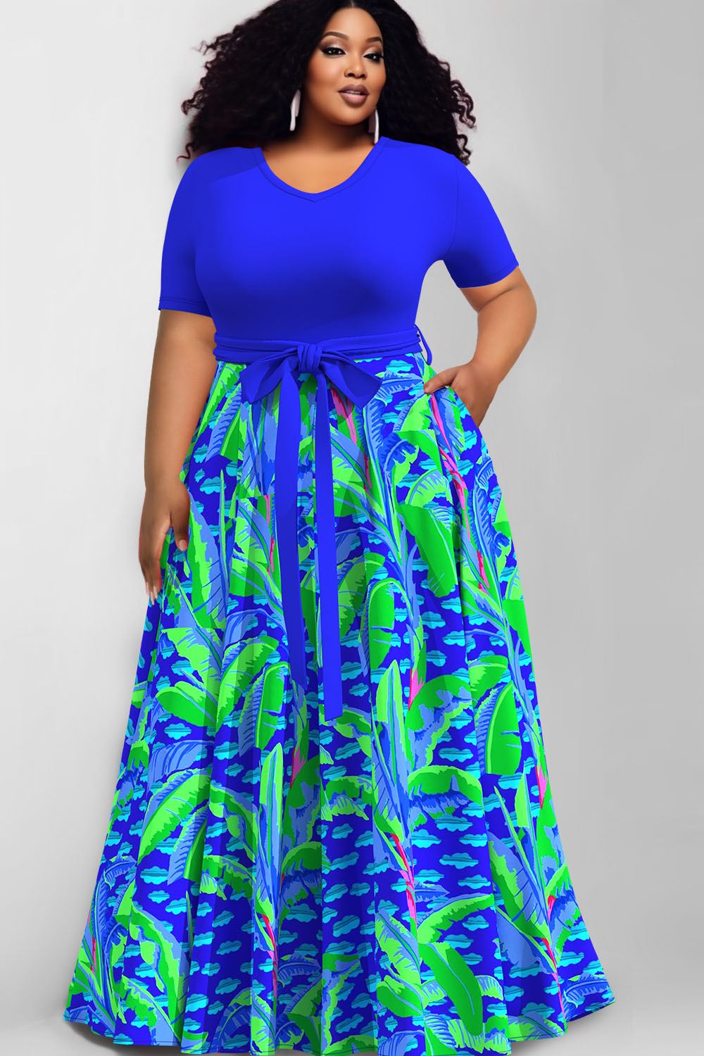 Design Plus Size Casual Royal Blue Tree Print V Neck Short Sleeve Pocket Wrap Maxi Dress [Pre-Order]