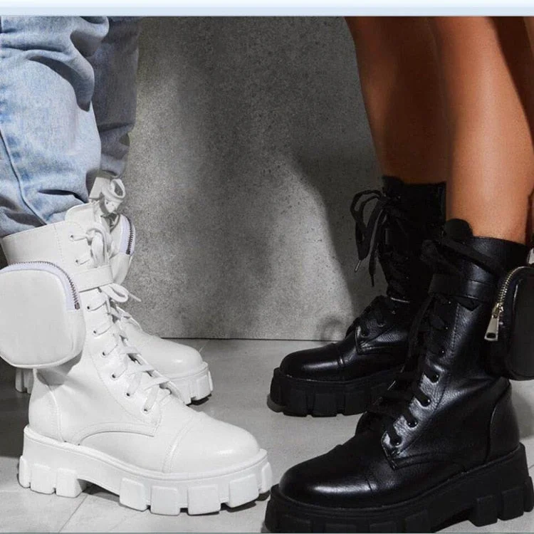Women Pocket Boot Lace Up Ladies Ankle Boots Female Buckle Strap blue Chunky Sole Pouch Ankle Boots Woman Platform Shoe Fashion