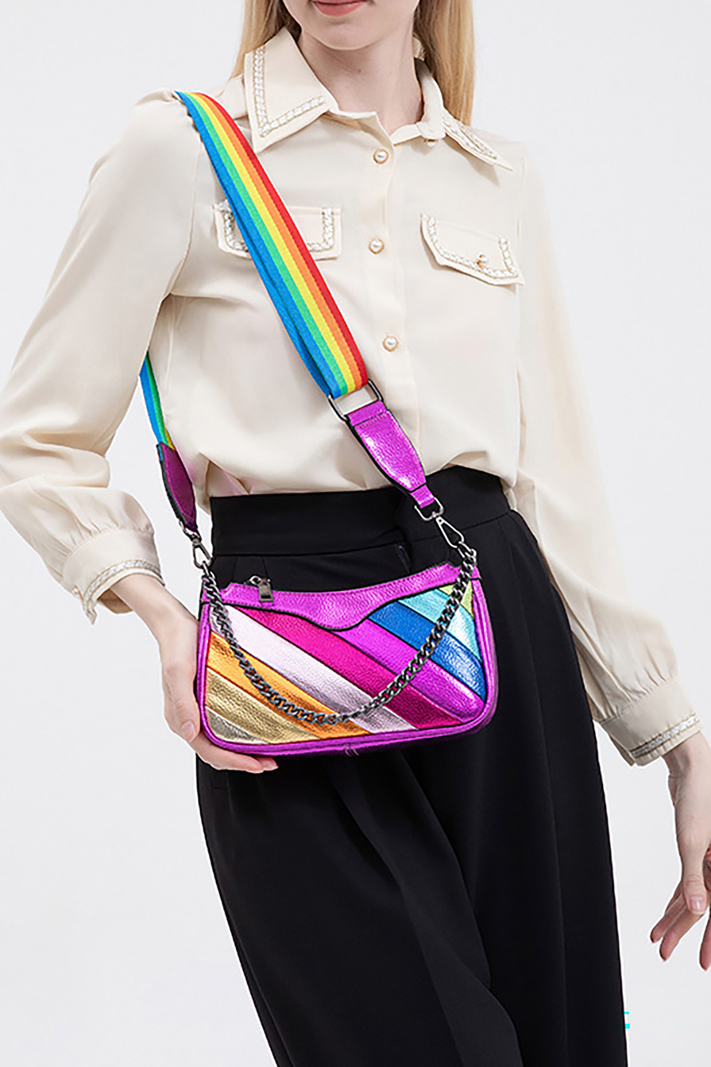 Fashion Rainbow Colorblock Zipper Chain Shoulder Bags