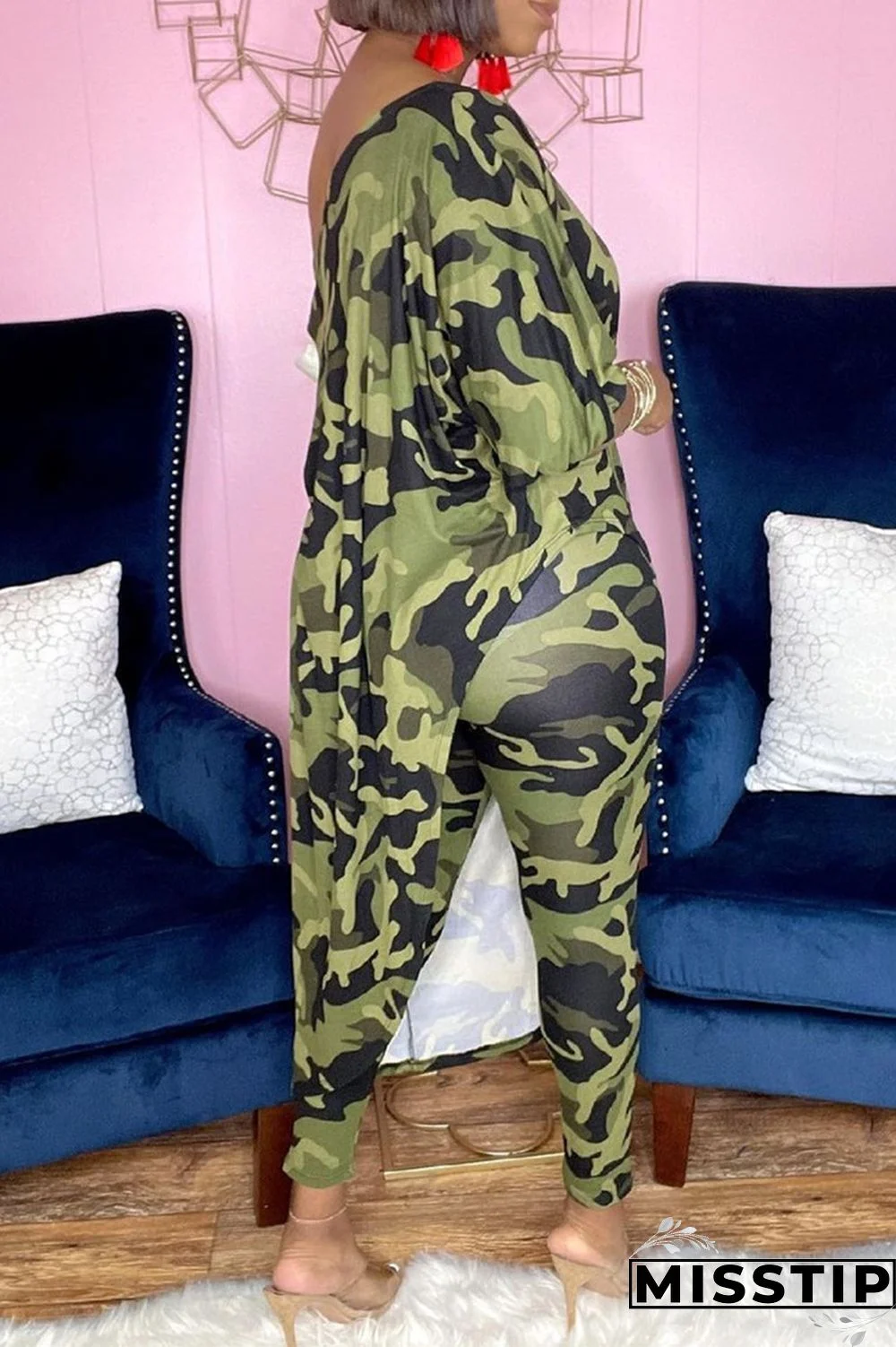 Camouflage Fashion Casual Print Asymmetrical Oblique Collar Three Quarter Two Pieces