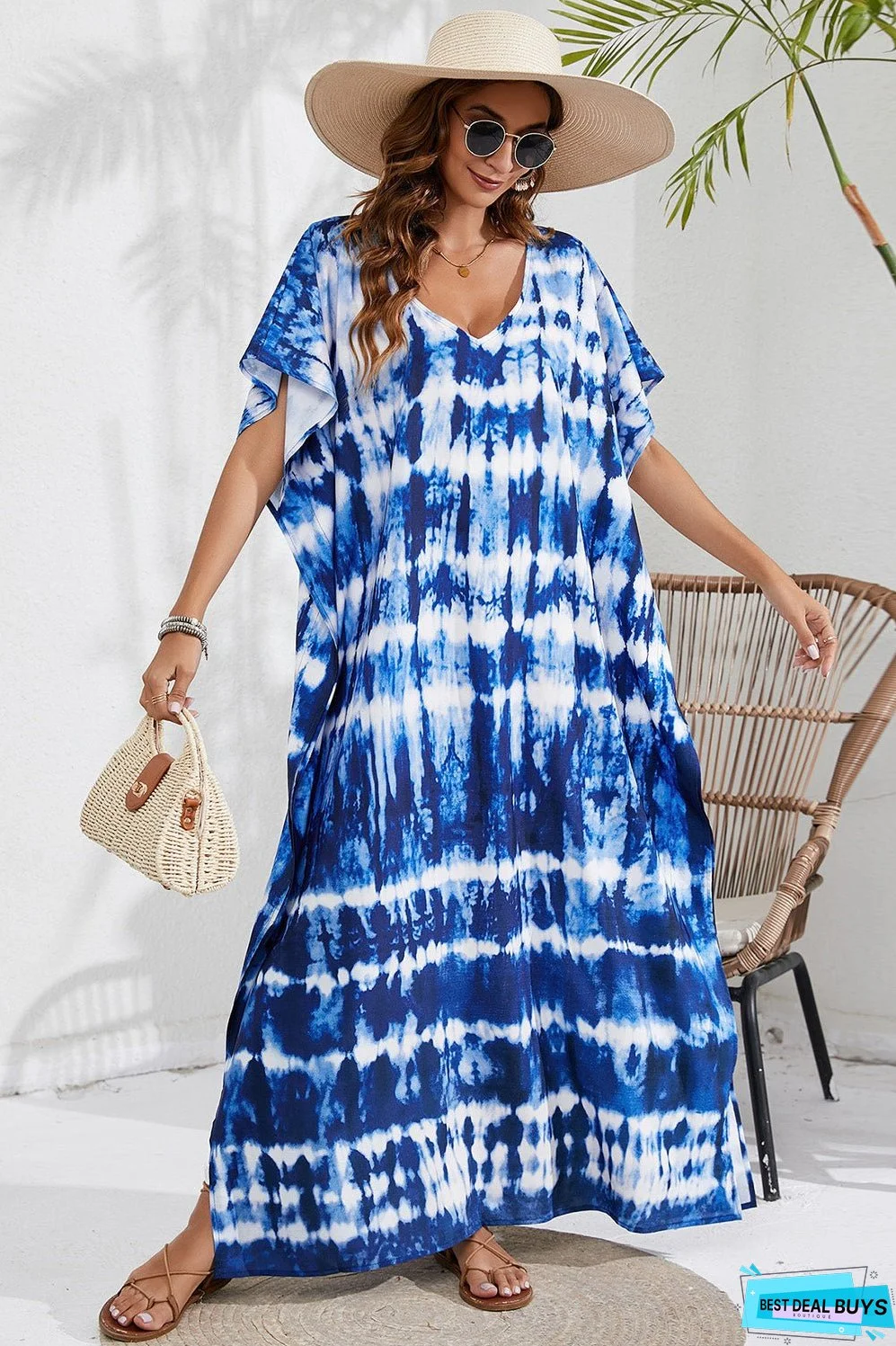 Slit Printed V-Neck Short Sleeve Cover Up