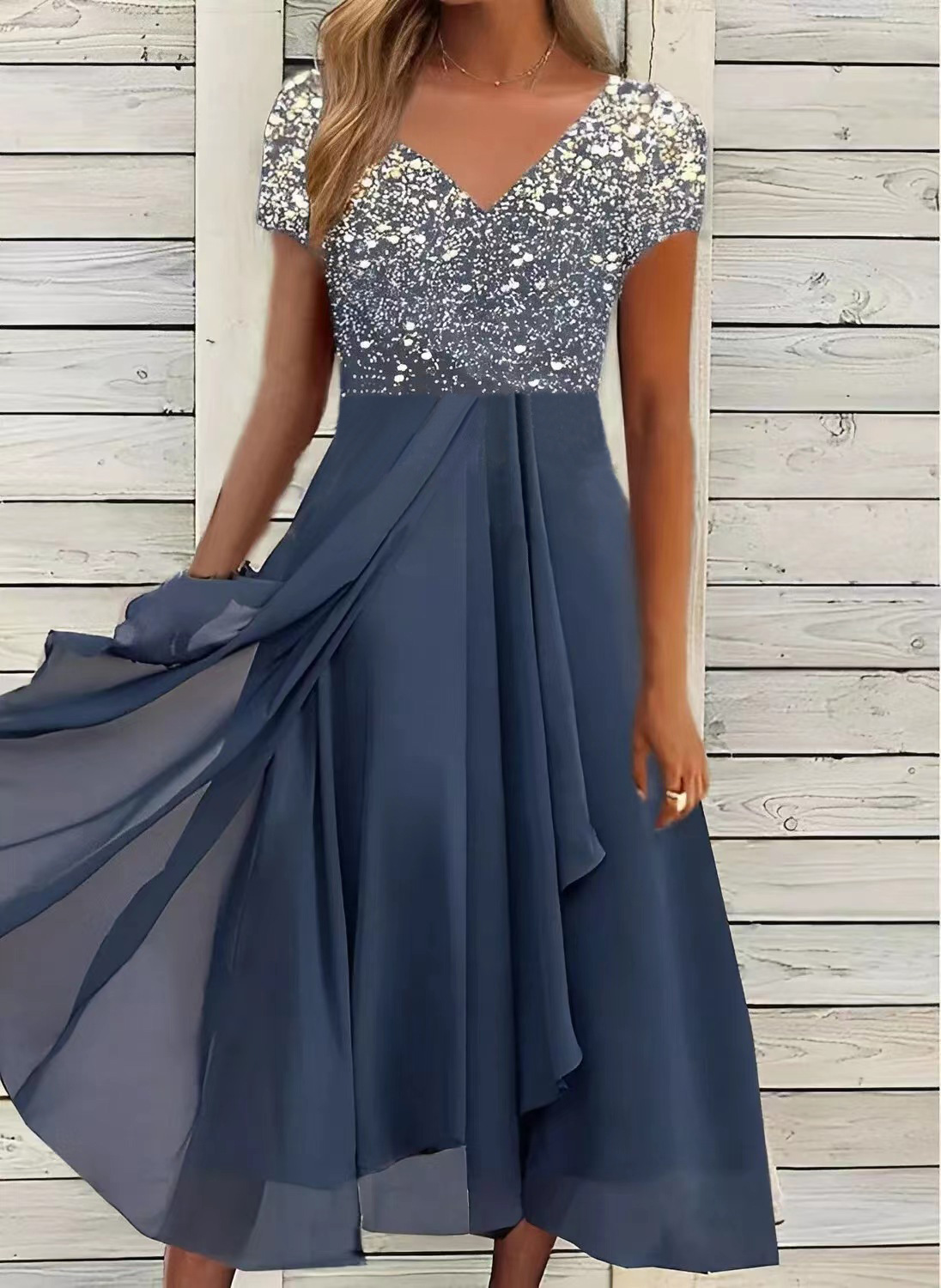 Monroewheels Summer New Women's Fashion Chiffon Patchwork Print Sexy V-neck Casual Mid Length Short Sleeved Dress