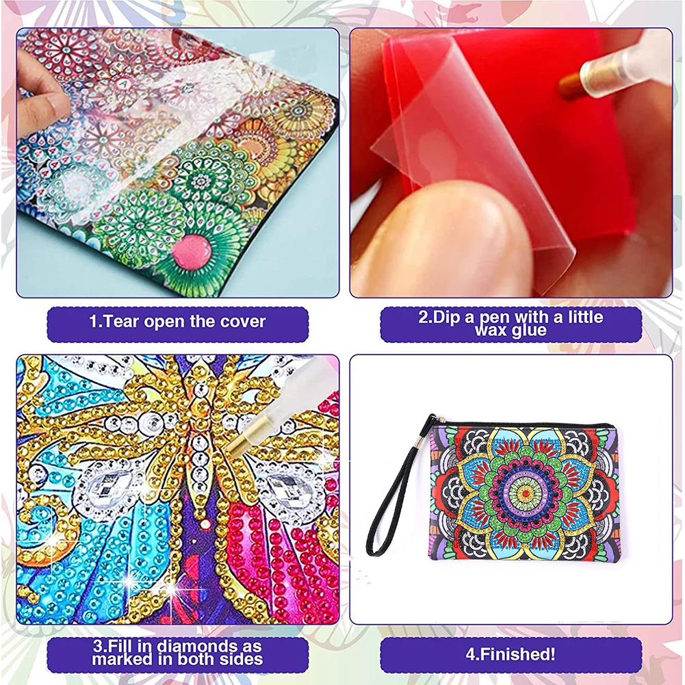 DIY Flamingo Diamond Art Cosmetic Bag Flowers Single Sided PU Women Clutch
