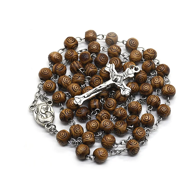Olivenorma Wooden Evil Eye Rosary Cross Necklace