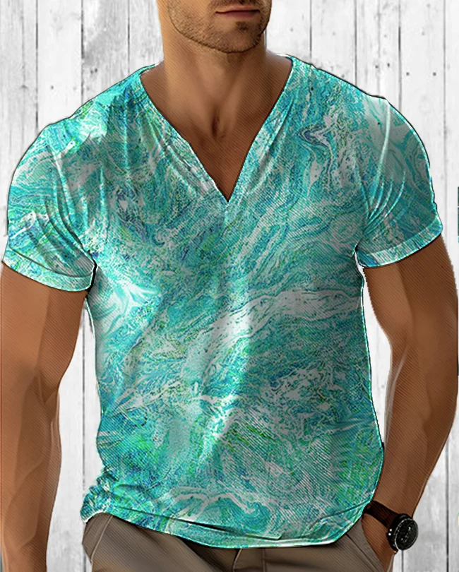 Men's Fantasy Scene Abstract Sea Waves Print Casual V Neck T-Shirt