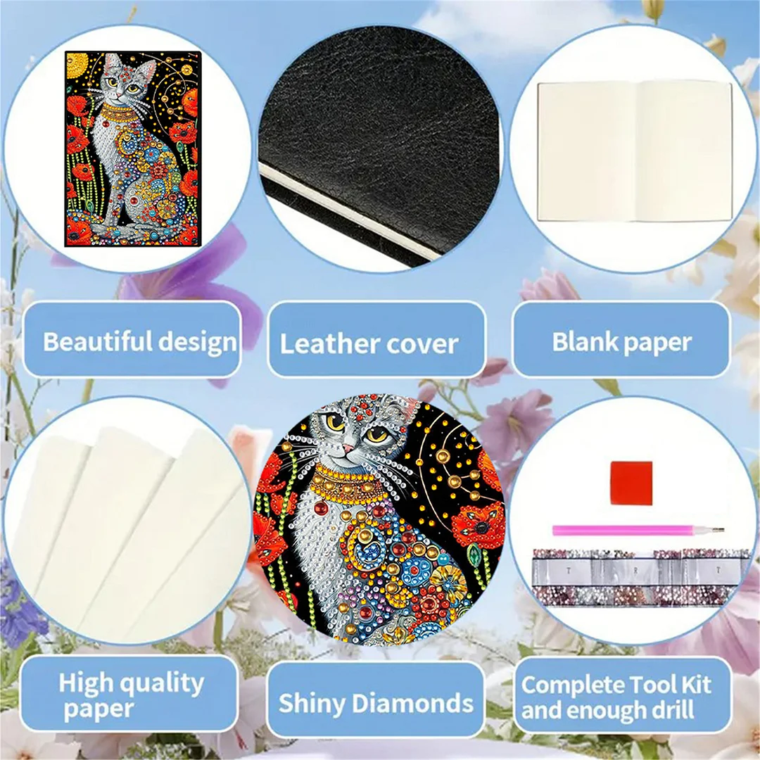 DIY Flower Diamond Painting Journals Notebooks 50 Pages A5 No Lines Special Shaped Diamond Art Kits for Beginners Craft Lovers and Artists (Cat and Flower)