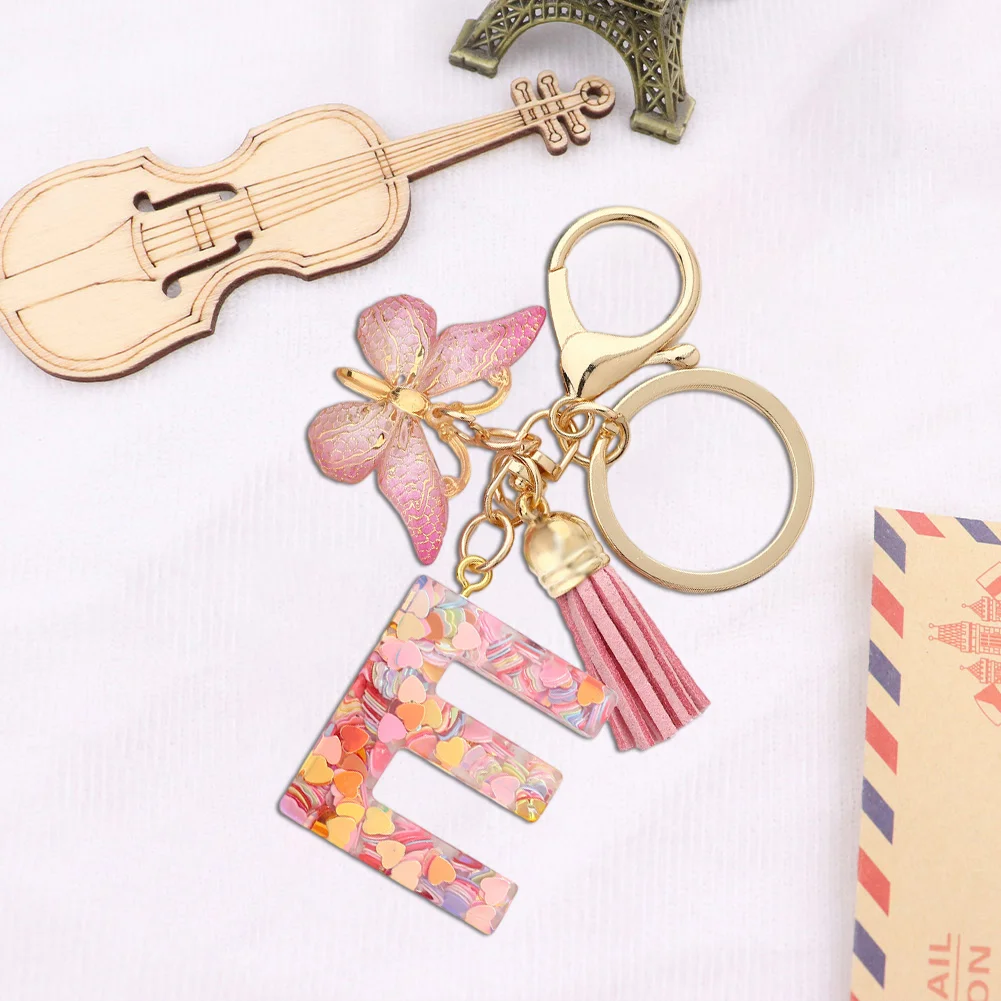 Resin Initial Letter Keychains Alphabet Letter Keychain Pink Tassel Butterfly Key Ring