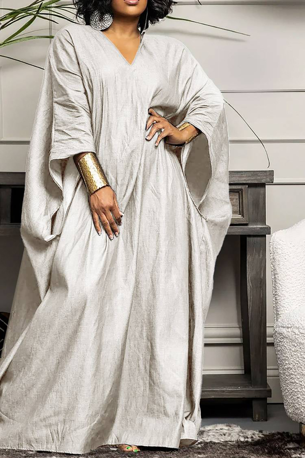 Plus Size Casual Dress Navy Blue Tencel Denim Kaftan V-Neck Maxi Dress