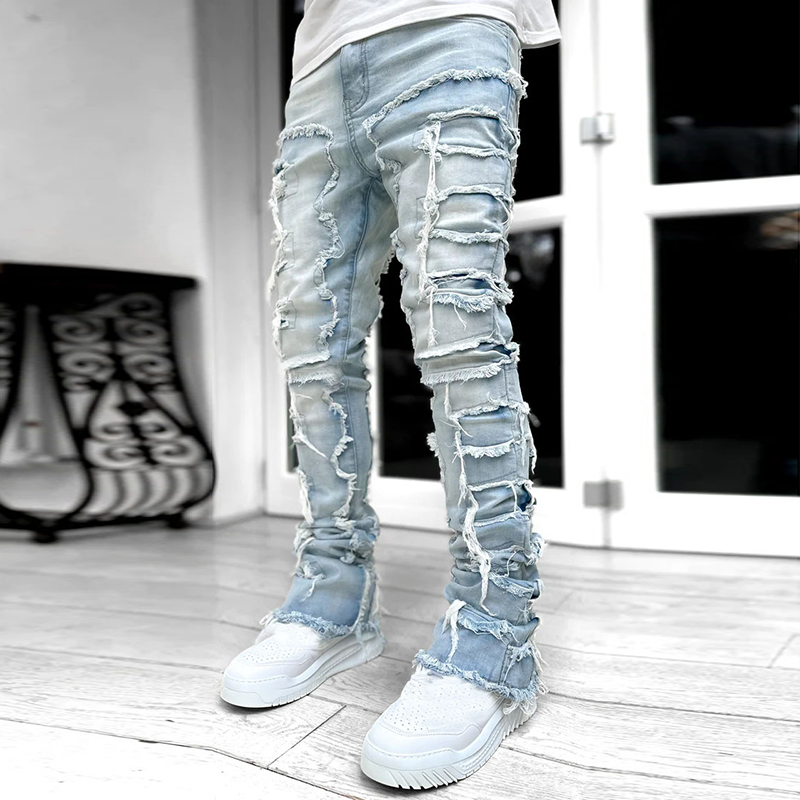 Unisex Men's Hiphop Fashion Elastic Patch Denim Straight Pants - SOPULA