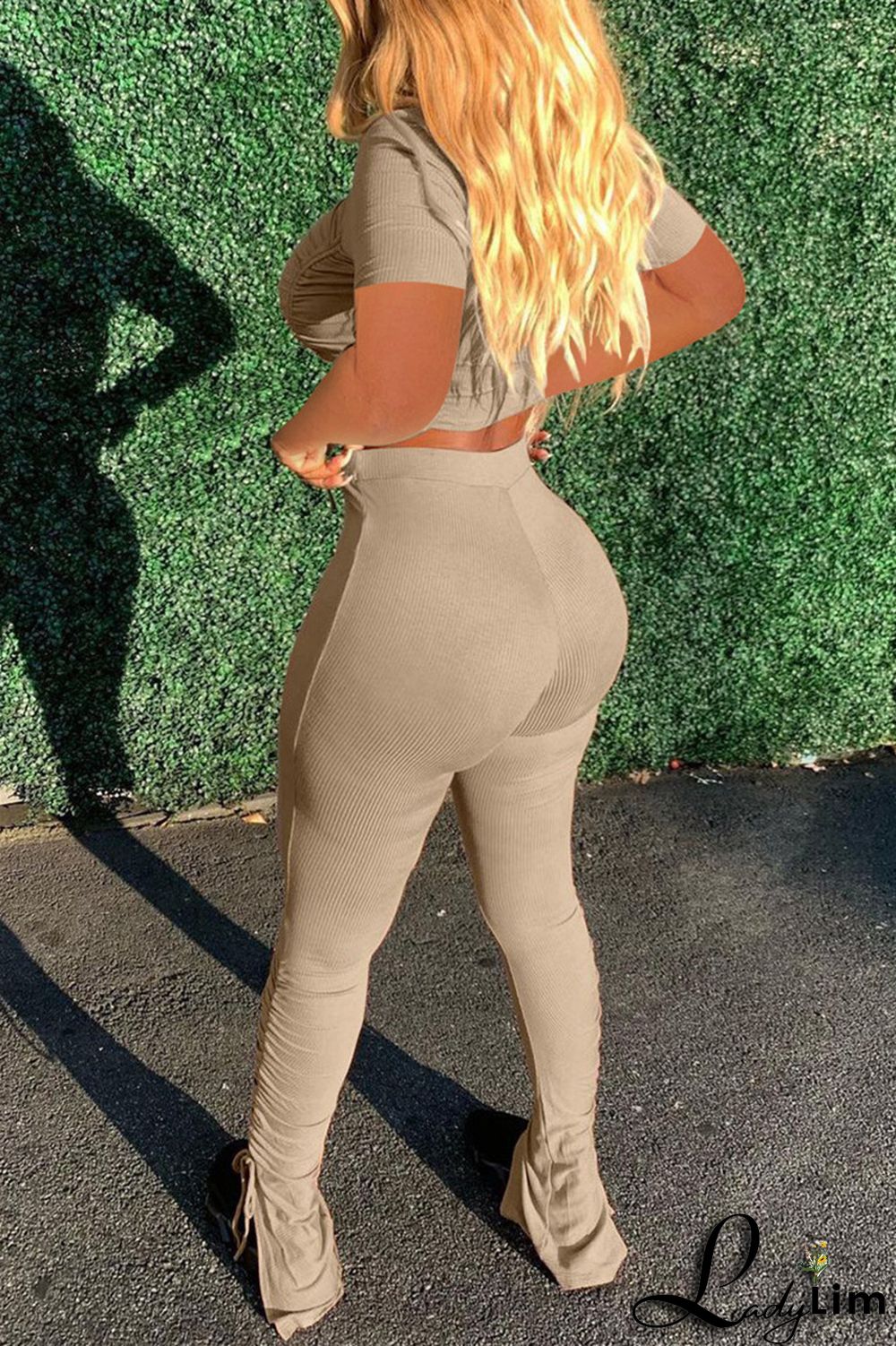 Khaki Fashion Casual Solid Draw String Frenulum O Neck Short Sleeve Two Pieces