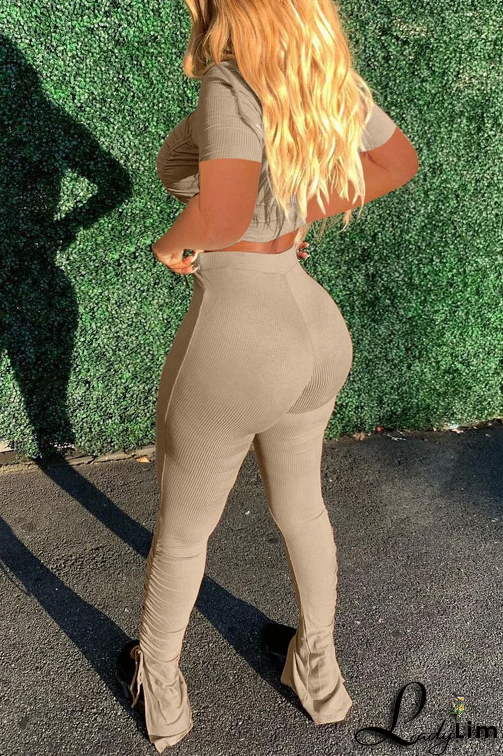 Khaki Fashion Casual Solid Draw String Frenulum O Neck Short Sleeve Two Pieces