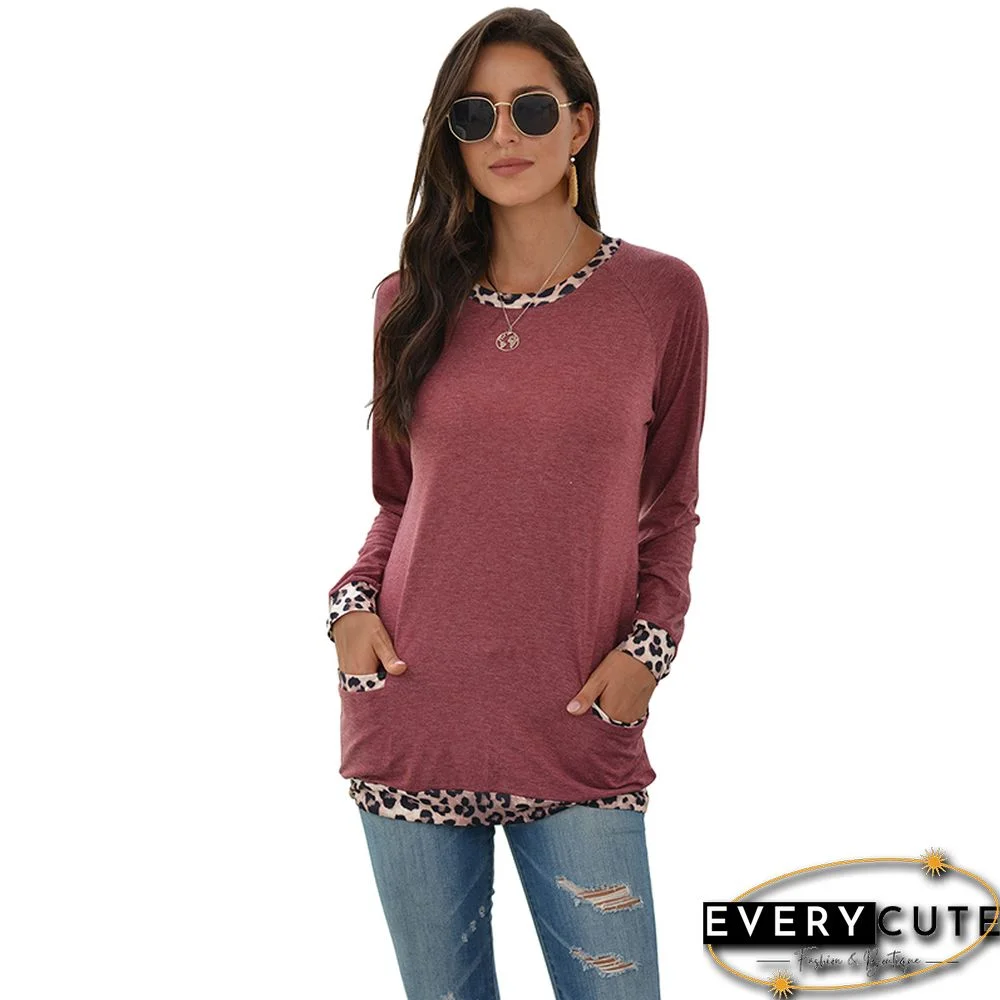 Rust Red Leopard Details Long Sleeve Tops