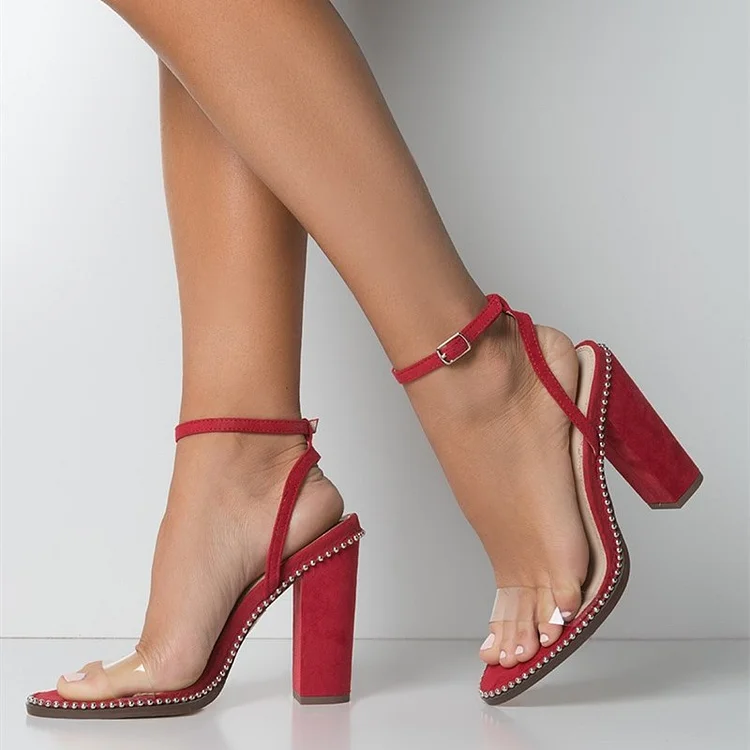 Red Vegan Suede Ankle Strap Studded Block Heel Sandals |FSJ Shoes