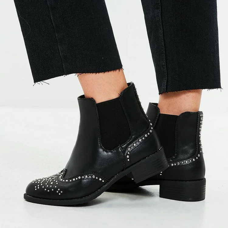 Black Wingtip Boots Round Toe Studs Flat Chelsea Boots |FSJ Shoes