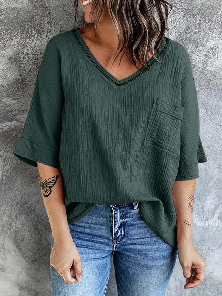 Front Pocket Short Sleeve Loose T Shirt Top
