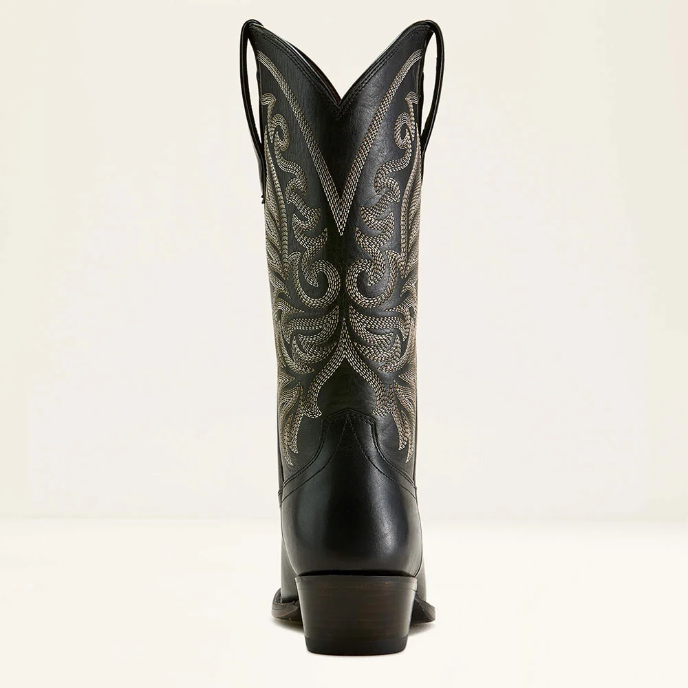 Black Round Toe Chunky Heel Mid Calf Western Boots with Embroidered