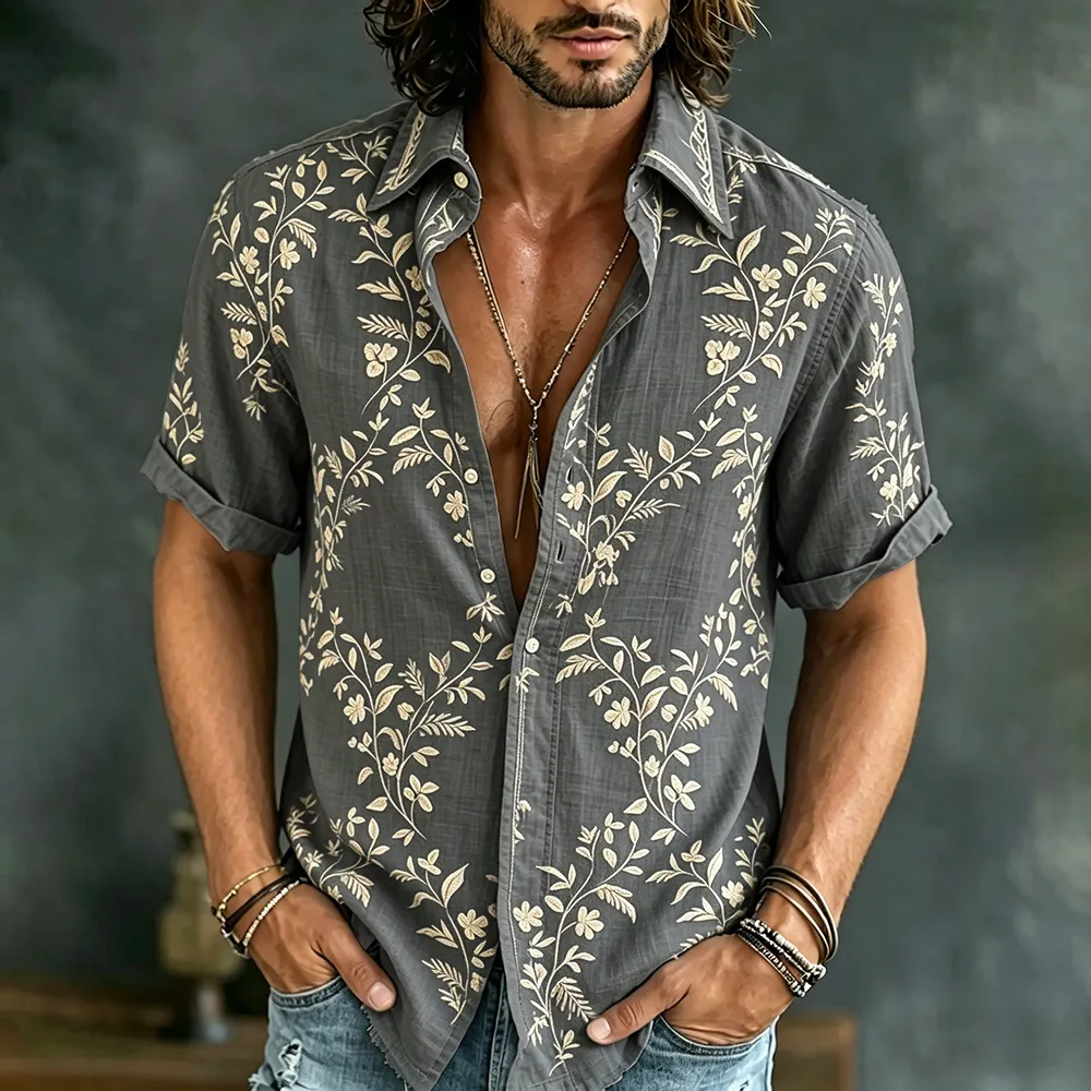 Men's Spring Floral Embroidered Art Print Flowy Linen Blend Short Sleeve Shirt artswardrobe