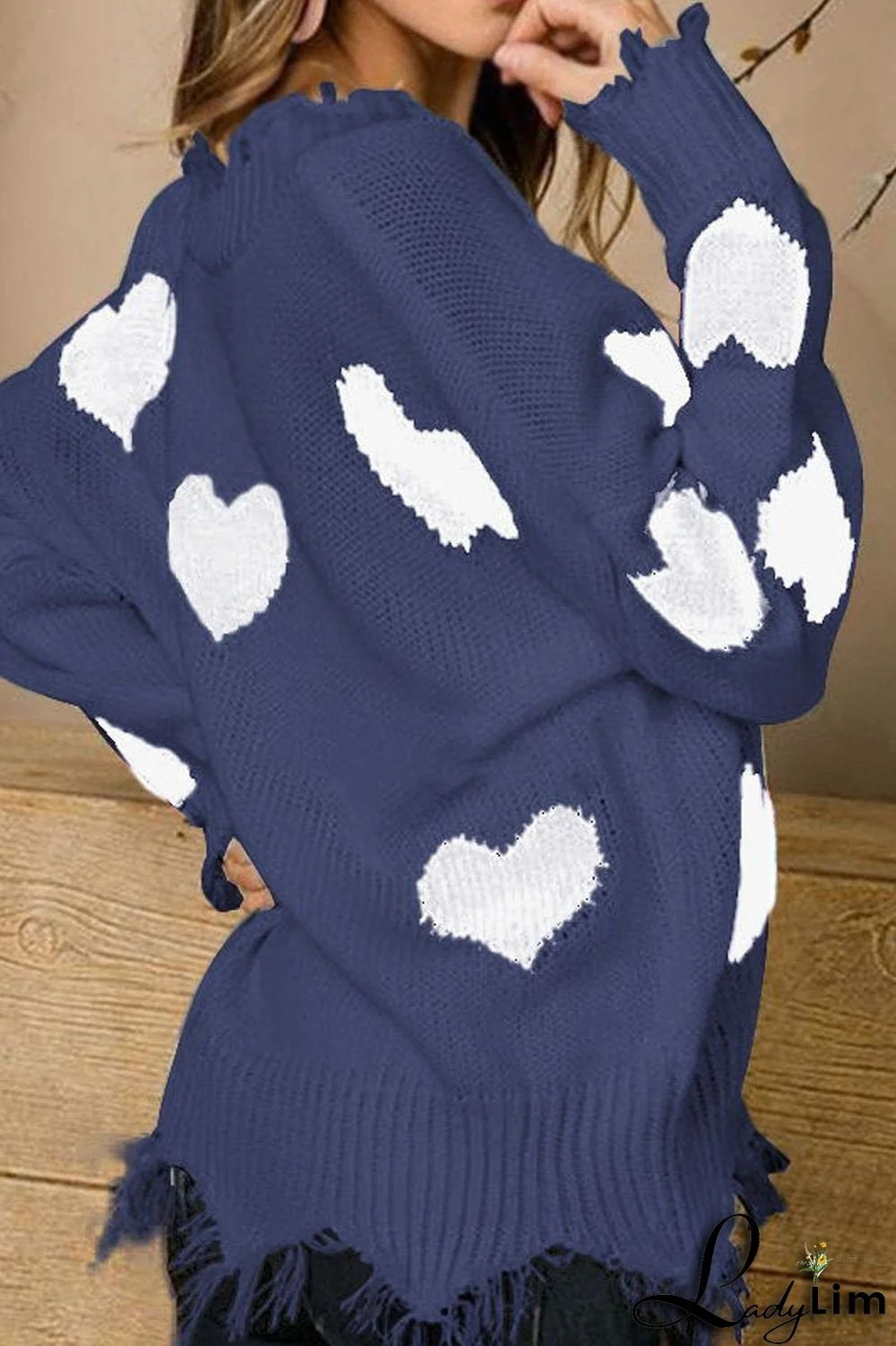 V-Neck Distressed Hearts Casual Sweater