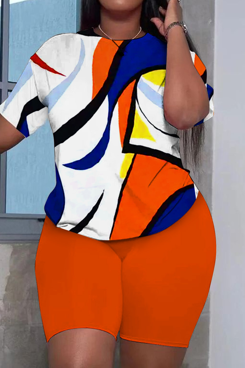 Plus Size Casual Orange Colorblock Round Neck Short Sleeve Two Piece Short Set [Pre-Order]