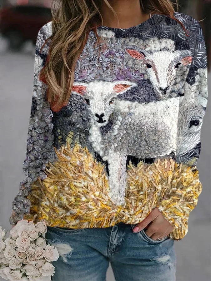 Women's Farm Sheep Print Sweatshirt