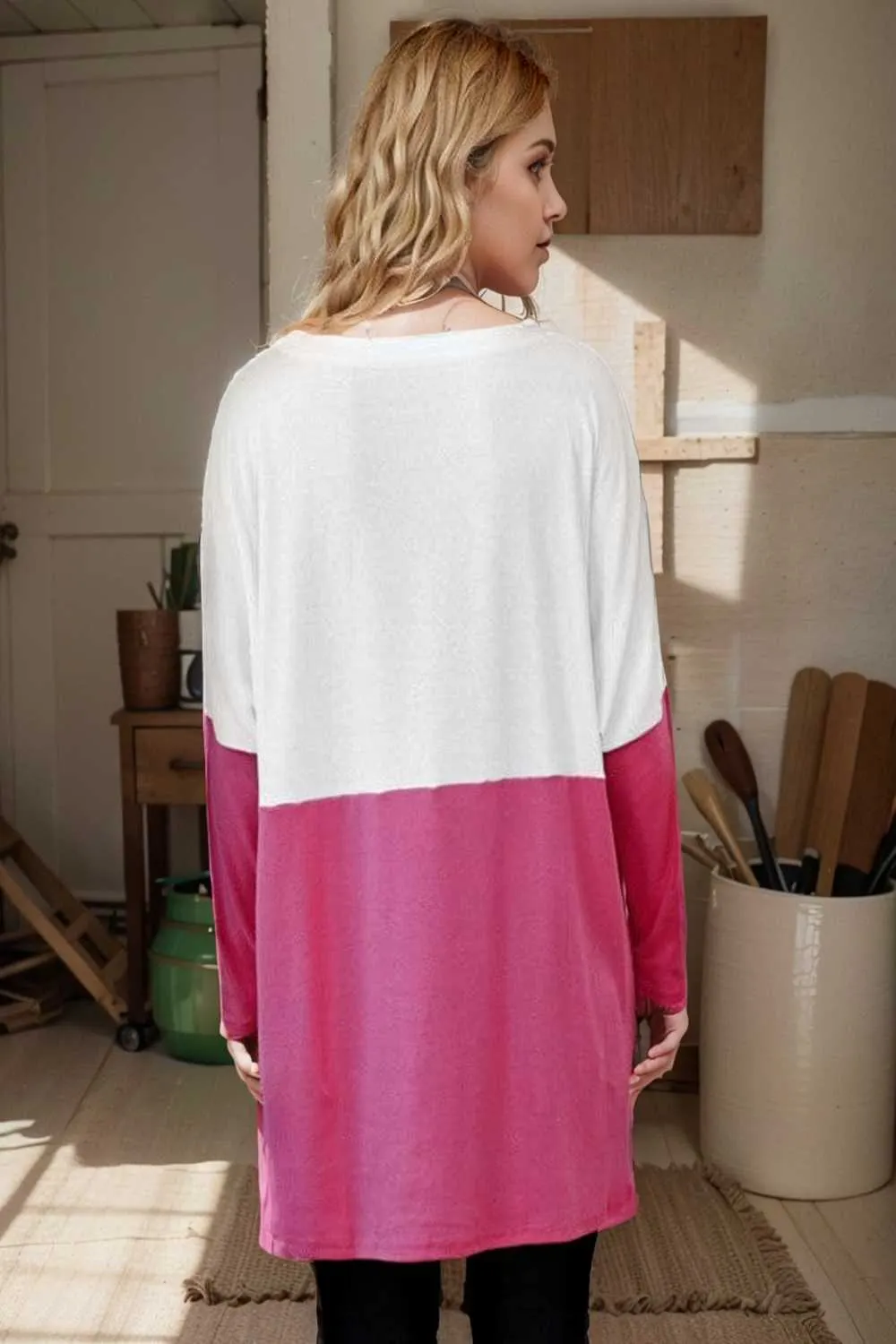 two color stitching pocket loose long sleeve t shirt