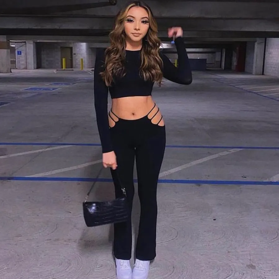 Weird Puss Two Piece Set Women Solid Skinny Stretchy Crop Top+Slit Hollow High Waist Pants Matching Chic Streetwear Slim Outfits