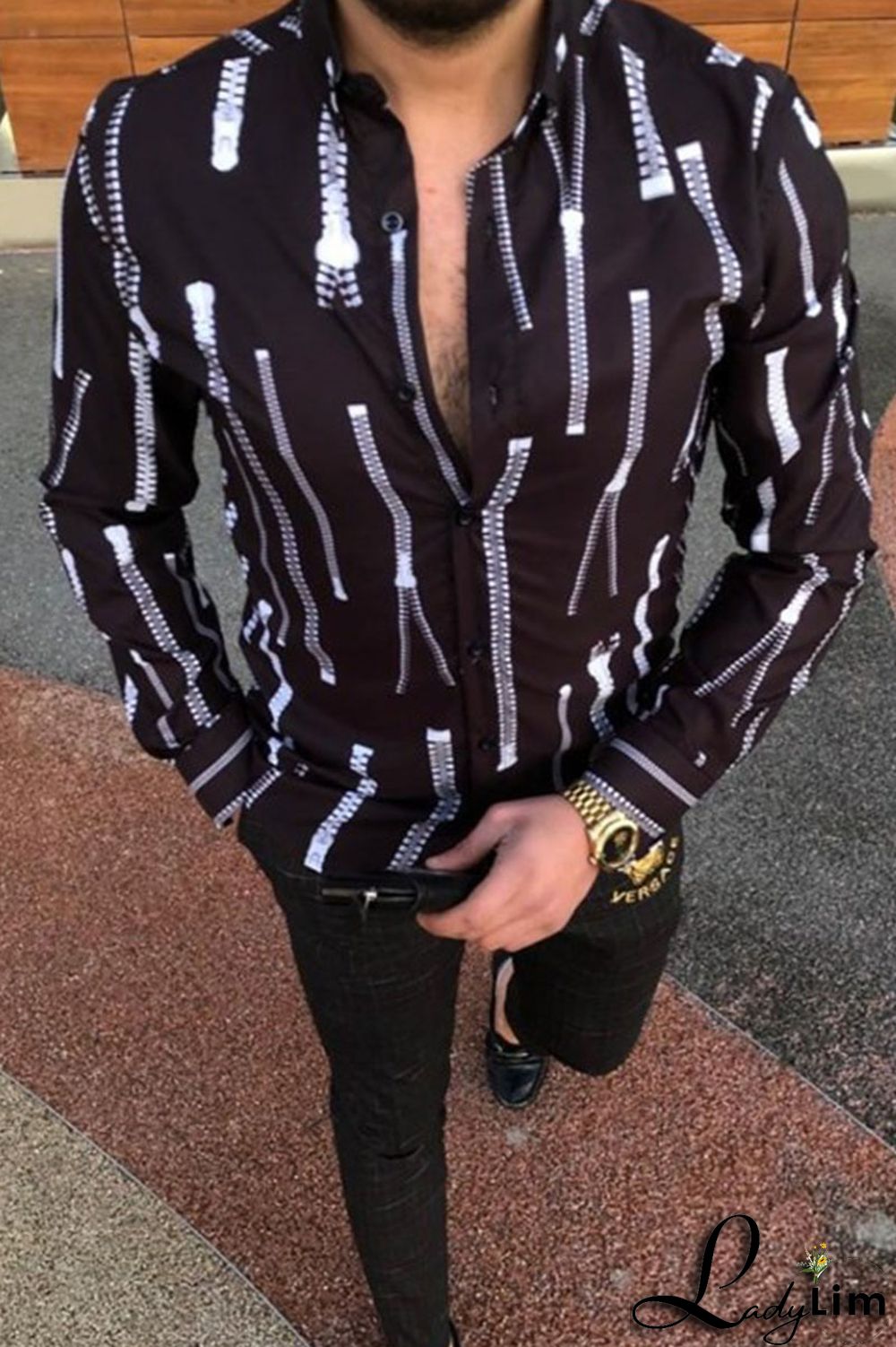White Casual Print Split Joint Buckle Turndown Collar Tops