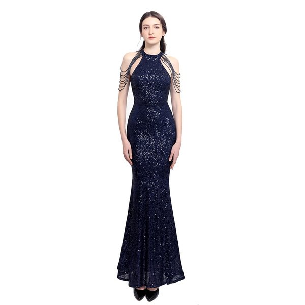 Sexy Halter Neck Crystals Sleeves Elegant Mermaid Evening Dresses Sequins Long Party Women Simple Prom Dress Bridal Gown - Shop Trendy Women's Fashion | TeeYours