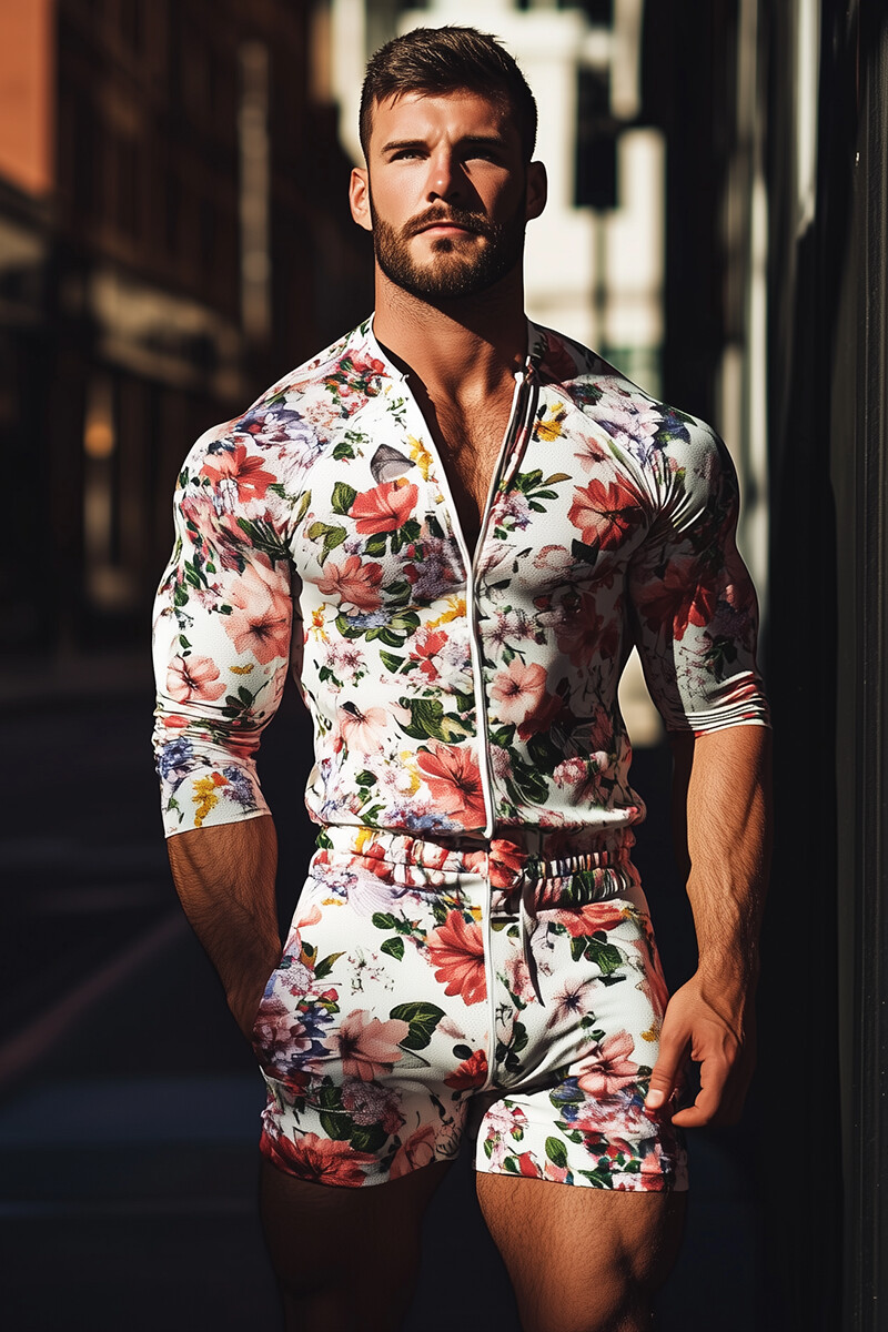 Men's Floral Print Long Sleeve Stretchy Slim Fit Romper