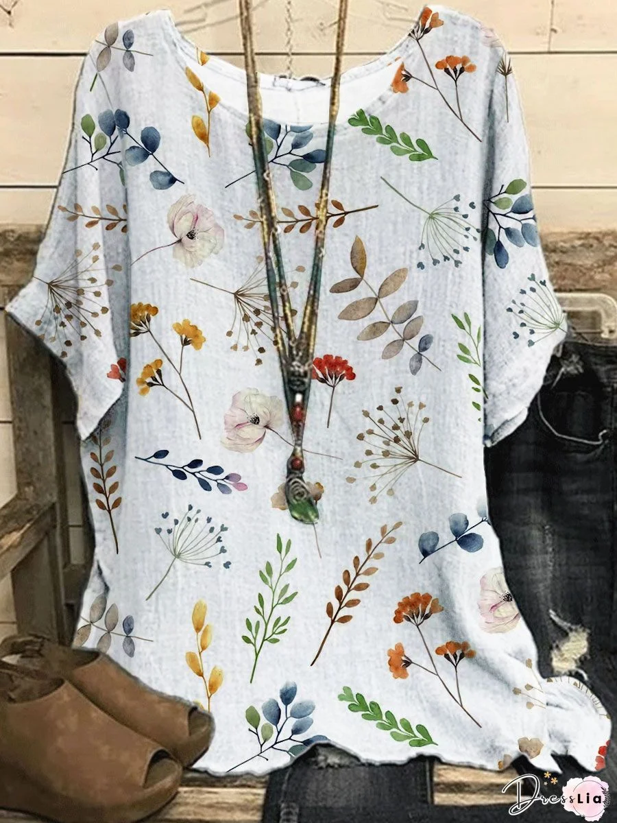 Loose Floral Print Ruffled Crinkled Blouse