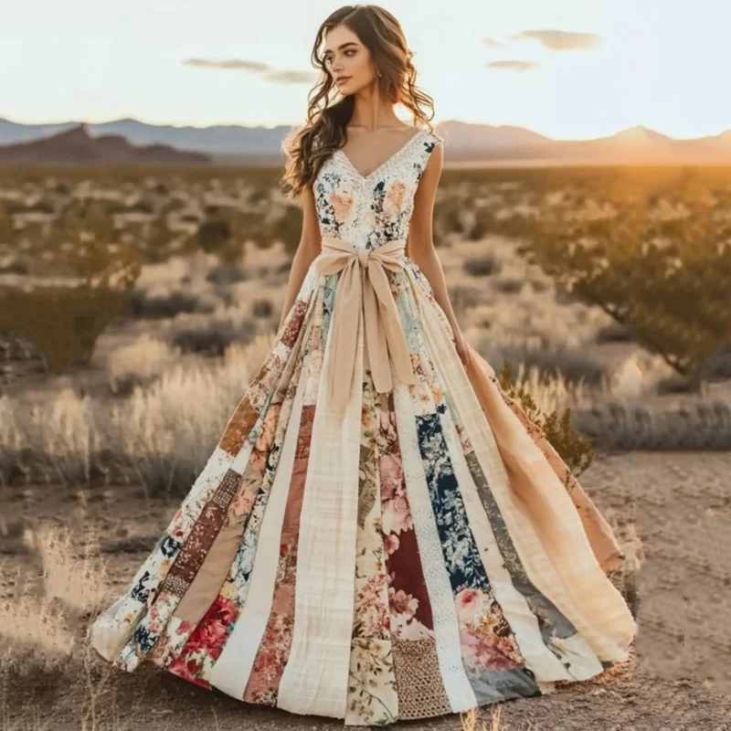 Women's Vintage Floral Patchwork Art V Neck Maxi Dress