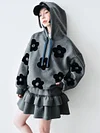 IMAKOKONI original design gray hooded long sleeved flower patch autumn hoodie jacket for women 244780