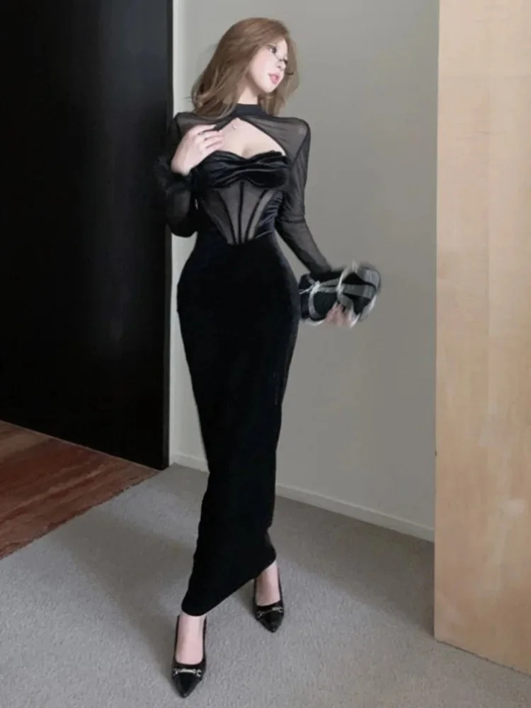 Abebey-Sexy Velvet Maxi Dress Women Long Sleeve Mesh Patchwork Hollow Out Autumn Winter Elegant Lace Bodycon Evening Party Vestidos New