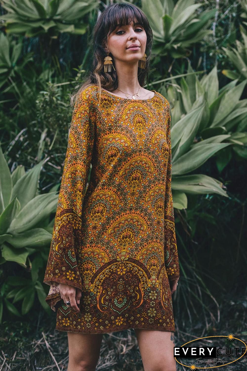 Yellow Starlight Bell Sleeve Shift Print Dress