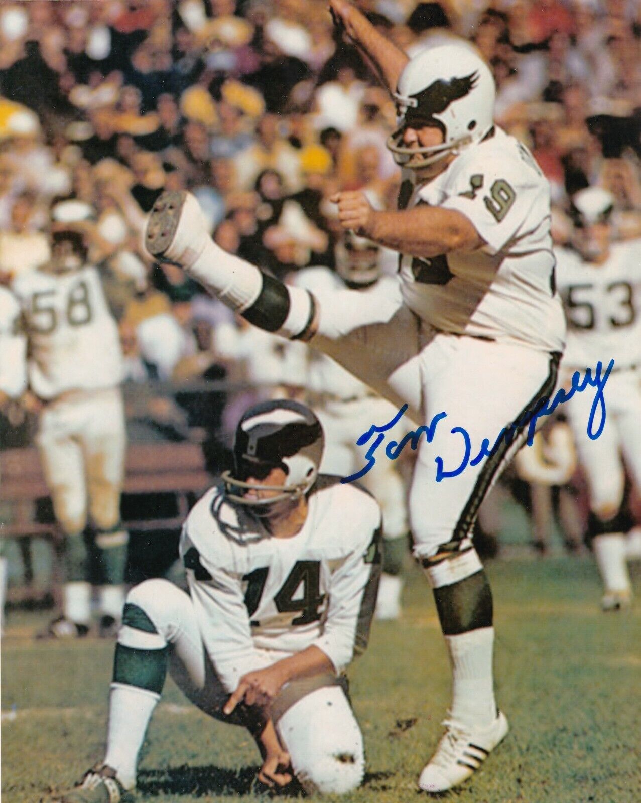 TOM DEMPSEY PHILADEPHIA EAGLES ACTION SIGNED 8x10 Photo Poster painting