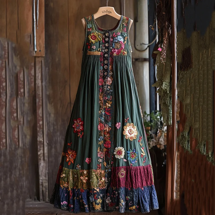 Vintage Floral Patchwork Art Comfy Sleeveless Dress