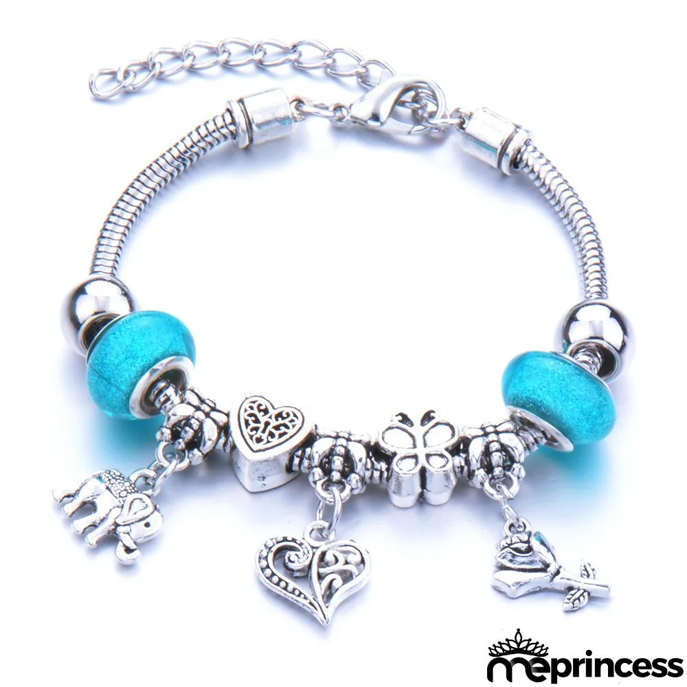 Women Fashion Rhinestone Butterfly Crown Pendant Beaded Bracelet