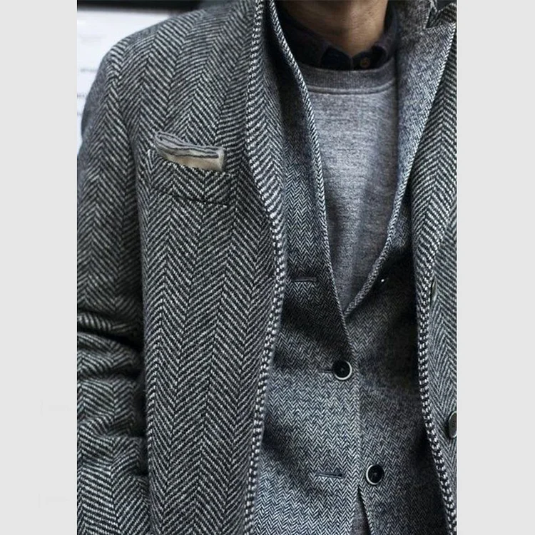 Men's Classic Lapel Herringbone Tweed Blazer（ NEW