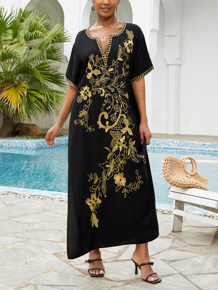 Gold Thread Floral Embroidered V Neck Short Sleeve Kaftan | Oxredo Shop Ramadan Sale